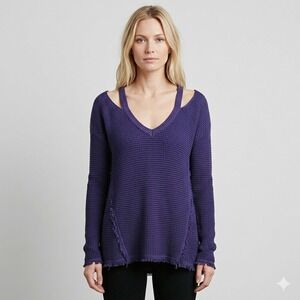 Free People Purple Waffle Knit Cold Shoulder V-Neck Sweater Raw Hem S P